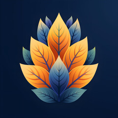 symmetrical arrangement of colorful leaves in shades of orange, yellow, and blue