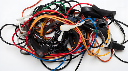 Colourful abstract wires texture. Chaotic cables on a white background.