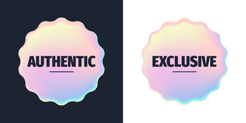Holographic iridescent stickers, mesh 3d effect labels. Authentic, exclusive signs. 