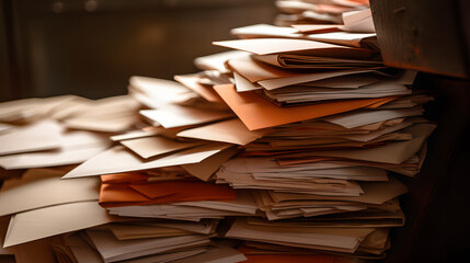 A large pile of unopened letters, mail letters sitting on a pile 