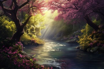 Serene Beautiful fantasy river. Magic nature. Generate Ai