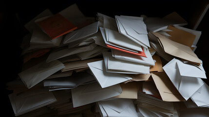 A large pile of unopened letters, mail letters sitting on a pile 