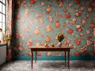  An empty table against a heavily wallpapered apartment design, maximalist background design, blank product, photo backdrop, and scene design. 