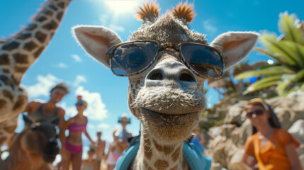 Humorous scene of a giraffe with sunglasses interacting with zoo visitors on a sunny day.