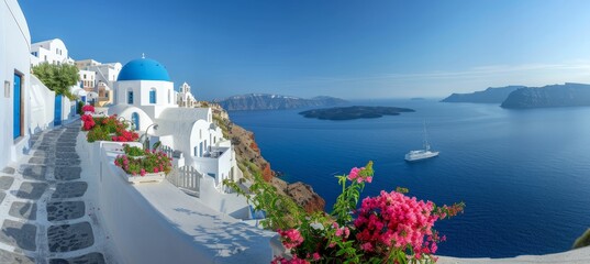 Santorini thira island daytime panorama with fira and oia towns overlooking cliffs and beaches