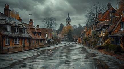A small town in France with low houses, dark clouds overhead, rain on the street, realism