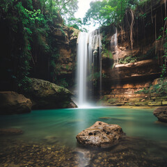 Serene Tropical Waterfall Oasis with Lush Greenery