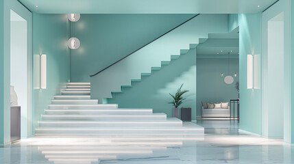 Fototapeta premium Modern American entrance hall in pastel turquoise, featuring a floating staircase and elegant lighting.