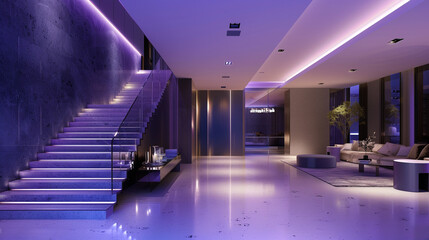 Modern American interior with a soft violet entrance hall, featuring a sleek staircase and...
