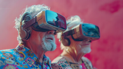 Senior mature couple having fun with virtual reality glasses - Old people using new VR headset - Concept of active elderly and interaction with new technologies