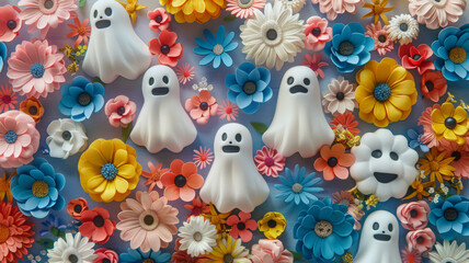 A colorful background with flowers and white ghosts