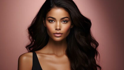 Naklejka premium Portrait of a beautiful young woman with very long black curly hair looking at the camera