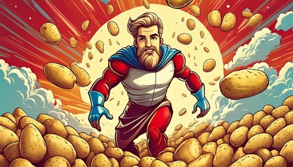 Der Superheld Kartoffelmann umgeben von Kartoffeln. Comic. - obrazy, fototapety, plakaty
