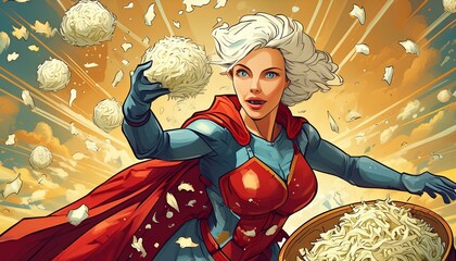 Die Superheldin Sauerkrautfrau umgeben von vitaminreichem Sauerkraut. Comic. - obrazy, fototapety, plakaty
