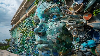 A mosaic of a woman's face made of colorful plastic trash.