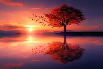 Tranquil Sunset with Reflective Tree