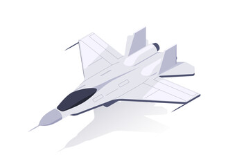 Fighter jet on a white background, depicted in flat graphic style, symbolizing military aviation. Isometric vector illustration