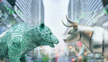 DIe Tiere der Börse Stier und Bär stehen sich an der Börse leuchtend gegenüber.