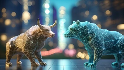 DIe Tiere der Börse Stier und Bär stehen sich an der Börse leuchtend gegenüber.