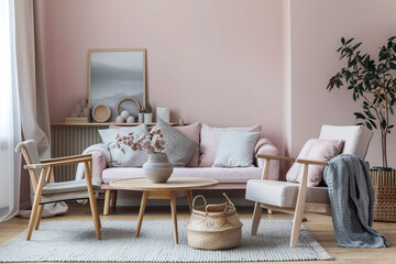 Scandinavian style living room with pastel pink walls, light wooden furniture, soft gray textiles, and minimal decor.