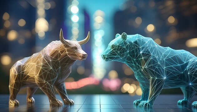 DIe Tiere der B&ouml;rse Stier und B&auml;r stehen sich an der B&ouml;rse leuchtend gegen&uuml;ber.