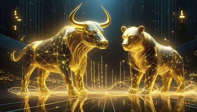 DIe Tiere der B&ouml;rse Stier und B&auml;r stehen sich an der B&ouml;rse leuchtend gegen&uuml;ber.