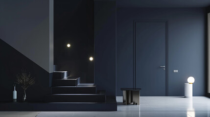 Sleek American entrance hall in deep navy, featuring a modern staircase and minimalist decor.