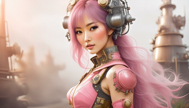 Attraktive asiatische Frau in einem pinken Cosplay Kost&uuml;m mit maschinellen Elementen.