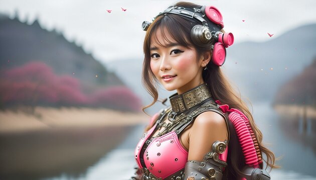 Attraktive asiatische Frau in einem pinken Cosplay Kost&uuml;m mit maschinellen Elementen.