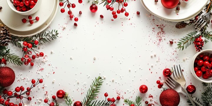 Christmas themed flat lay with red berries, ornaments, and cutlery sprinkled with snow on a white background