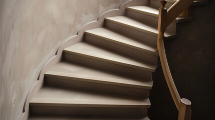 Soft taupe stairs with a wooden handrail, captured from a high side angle.