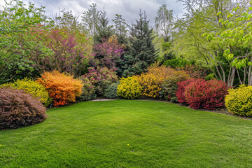 Spring garden with a symphony of colorful shrubs and a pristine grass circle, captured in high-definition, no people
