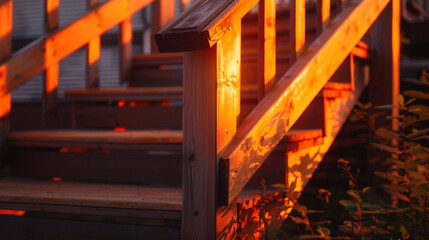 Sunset orange stairs with a wooden handrail, full view from the side capturing evening light.