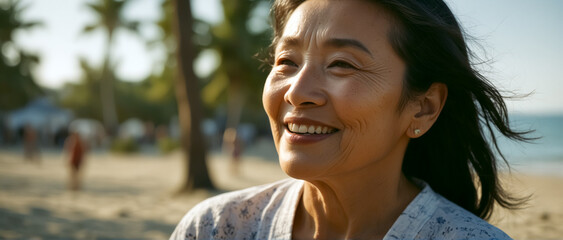 Portrait Photo. An Old Asian Woman Smiling on the Beach on a Hot Summer Day.