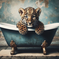 Bath Time Bliss: Cute Smiling Jaguar Relishing a Soapy Soak in a Retro Tub