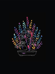 A watercolor illustration of a bonsai tree surrounded by vibrant abstract florals perfect for any space