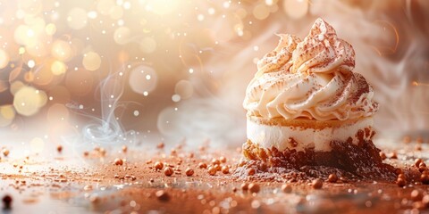 Close-up of a tiramisu cupcake topped with whipped cream and cocoa powder on a sparkling golden background with light bokeh - Powered by Adobe