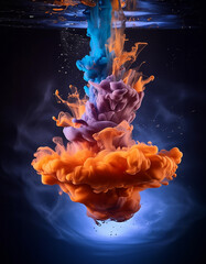 Vivid orange and blue ink plumes swirl in water, creating an abstract explosion of color against a dark background