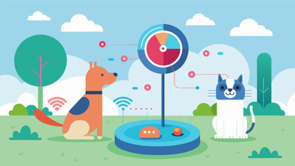 A hightech device with advanced sensors that accurately measure your pets calorie burn from chasing toys to playing with other pets at the park.. Vector illustration