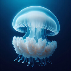 Luminescent Jellyfish in Deep Blue Sea: Graceful Aquatic Life with Translucent Dome and Delicate Frilled Tentacles - obrazy, fototapety, plakaty