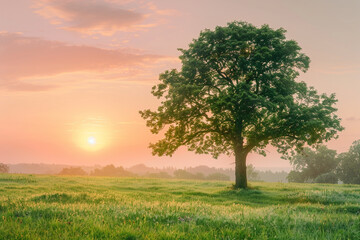 Obraz premium A tranquil scene of a fresh green grass field under a soft pink and orange sunrise, with a single oak tree standing prominently, its leaves shimmering in the light.