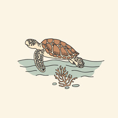 Sea turtle on the seabed. Hand drawn vector illustration.