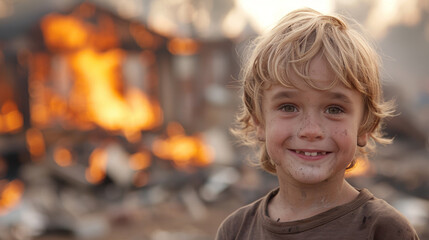 Smiling boy with blond hair in front of a fire