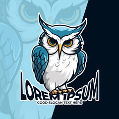 Owl bird logo mascot illustration, owl bird full body illustration cartoon, nocturnal bird icon logo