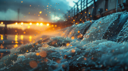 A powerful scene of an overflowing dam lit by golden lights under a rainy night, showcasing the force of water.