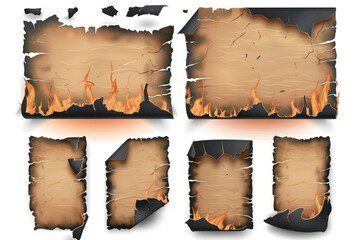 Burning paper pieces set isolated on transparent background. Vector realistic illustration of blank pages with uneven black edges, destroyed by fire flame, scorched letter sheets, old parchment scrap 