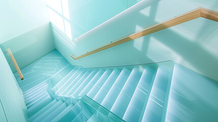 Aquamarine stairs with a minimalist wooden handrail, full top-down view in a bright environment.