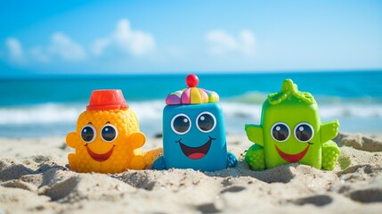 Obraz premium Colorful kid toy characters in the sand on a summer beach, ocean background behind