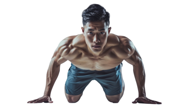 Young athletic man doing push-ups on white background. Muscular and strong guy exercising 
