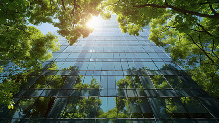Experience the seamless blend of urban sophistication and natural tranquility with this stunning image of a modern glass building, graced by the reflections of towering trees and kissed by the sun